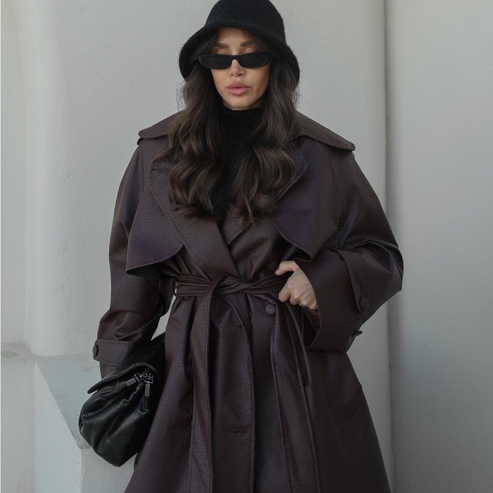 Burgundy Faux Leather Trench Coat - Picture 3 of 8